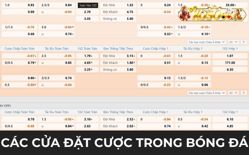 Các cửa đặt cược khi tham gia cá cược bóng đá